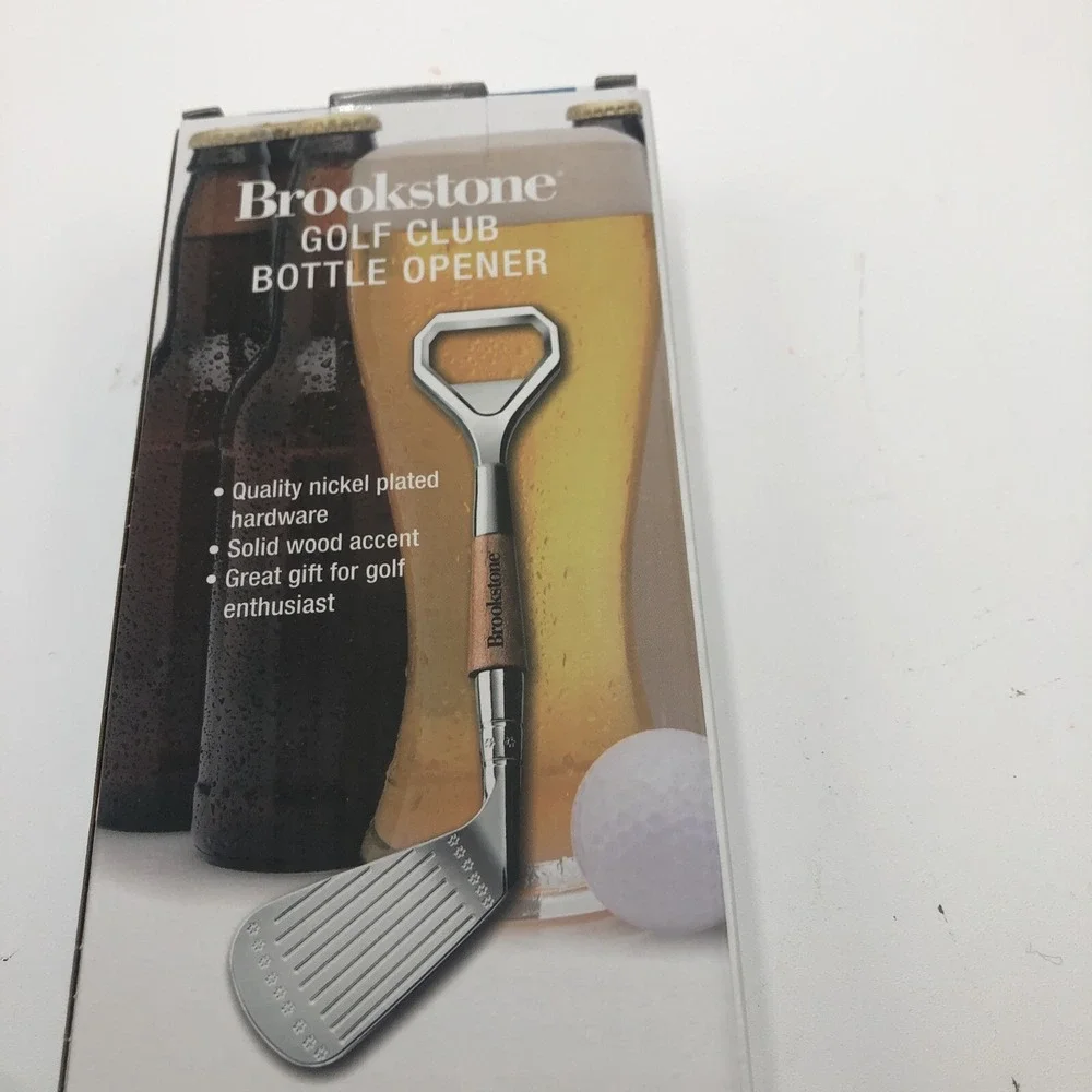Brookstone Golf Club Bottle Opener Beer Soda New W Box Nickel Plated Wood Accent